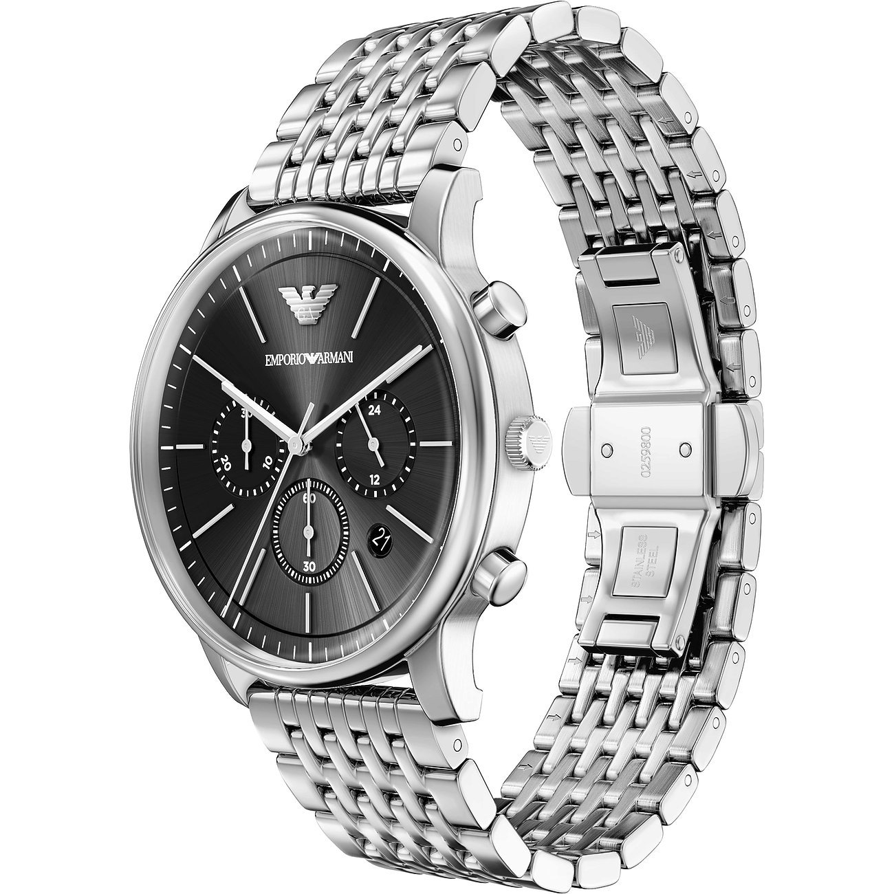 Orologio uomo Emporio Armani in acciaio, quadrante scuro, cronografo, vista frontale angolata.