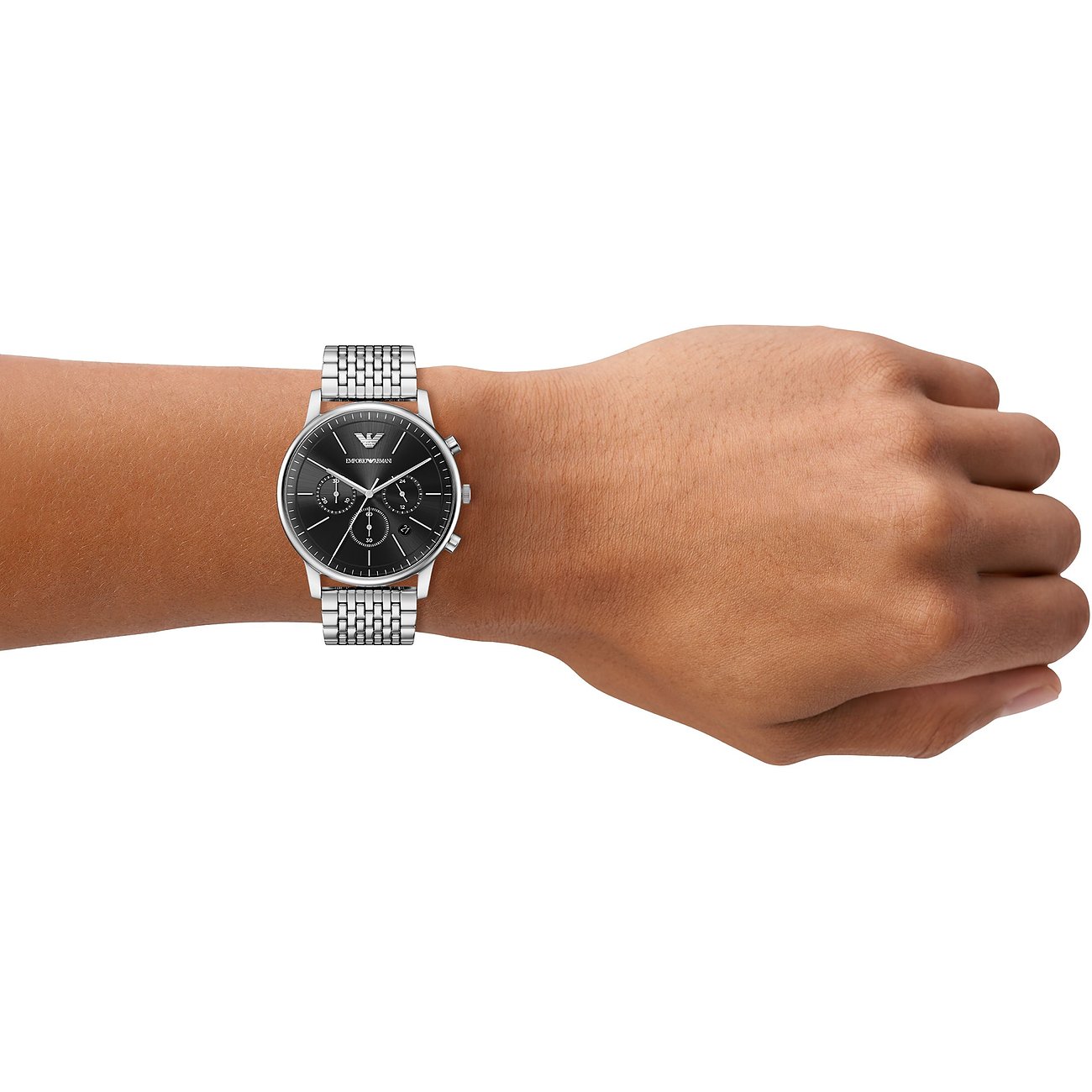 Orologio da polso da uomo Emporio Armani in acciaio inossidabile blu con cronografo su quadrante nero.