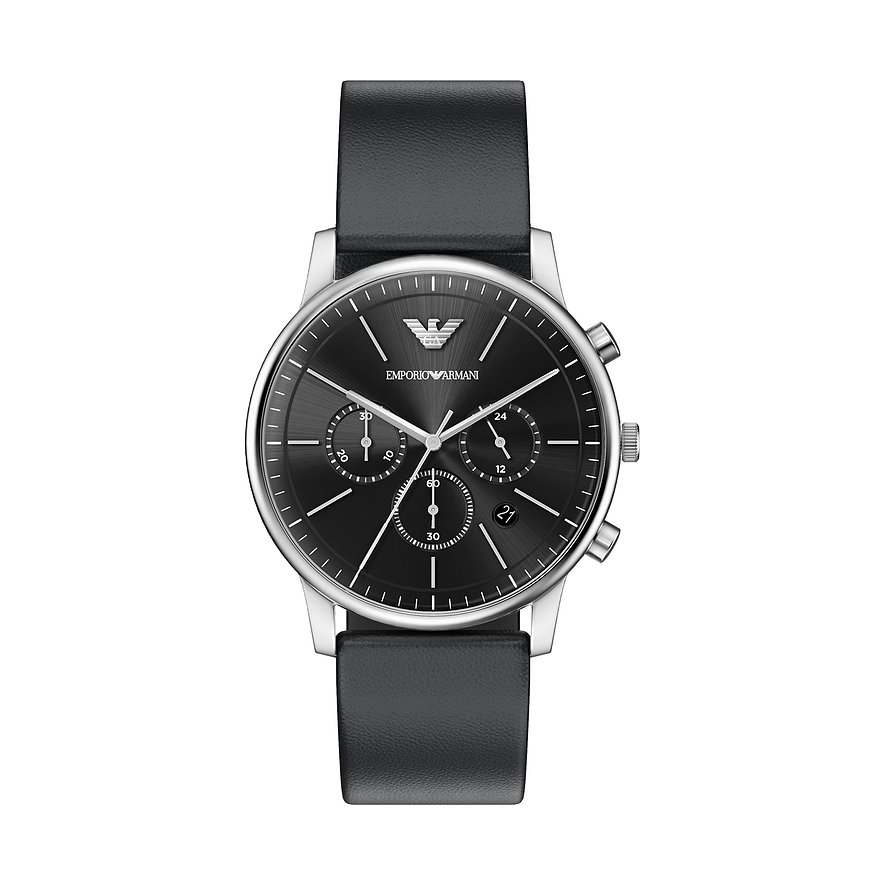 Emporio Armani Herrenuhr aus Edelstahl mit dunklem Zifferblatt und schwarzem Lederarmband, frontale Ansicht.