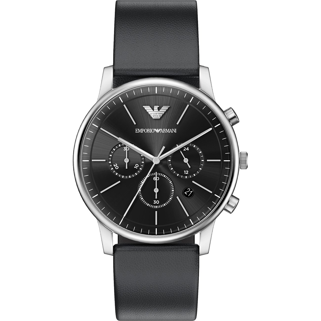 Emporio Armani Herrenuhr aus Edelstahl mit dunklem Zifferblatt und schwarzem Lederarmband, frontale Ansicht.