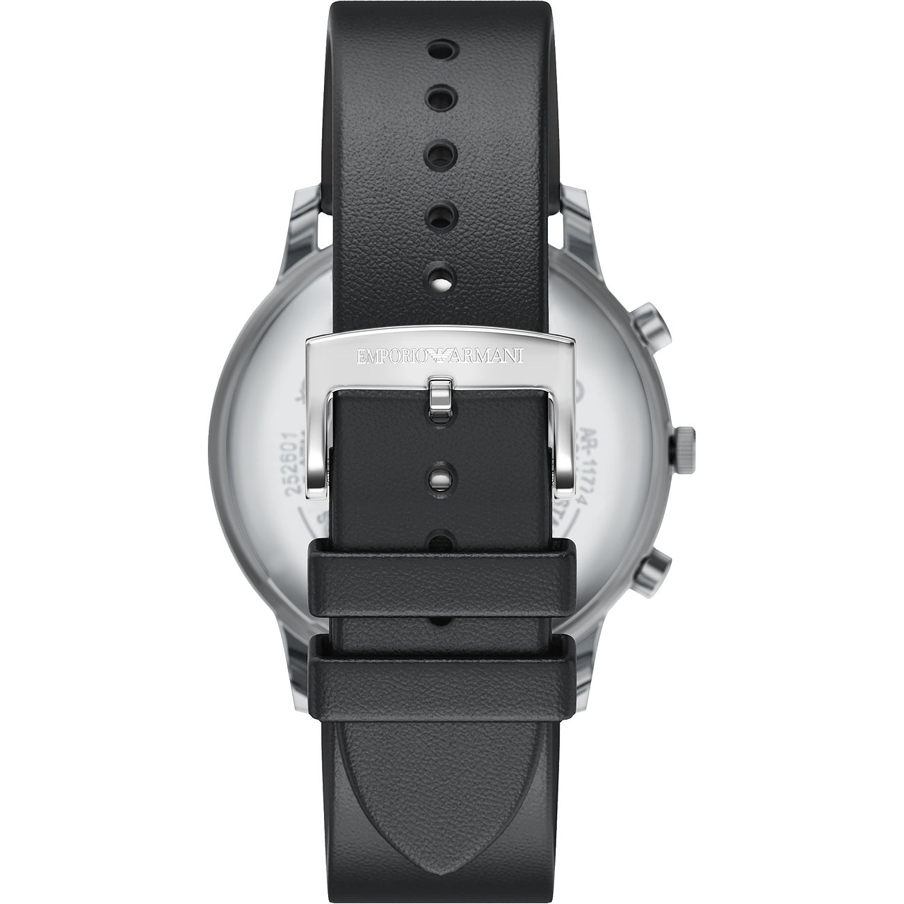 Rückansicht der Emporio Armani Herrenuhr mit Edelstahlgehäuse und schwarzem Lederarmband, das geschlossen ist.