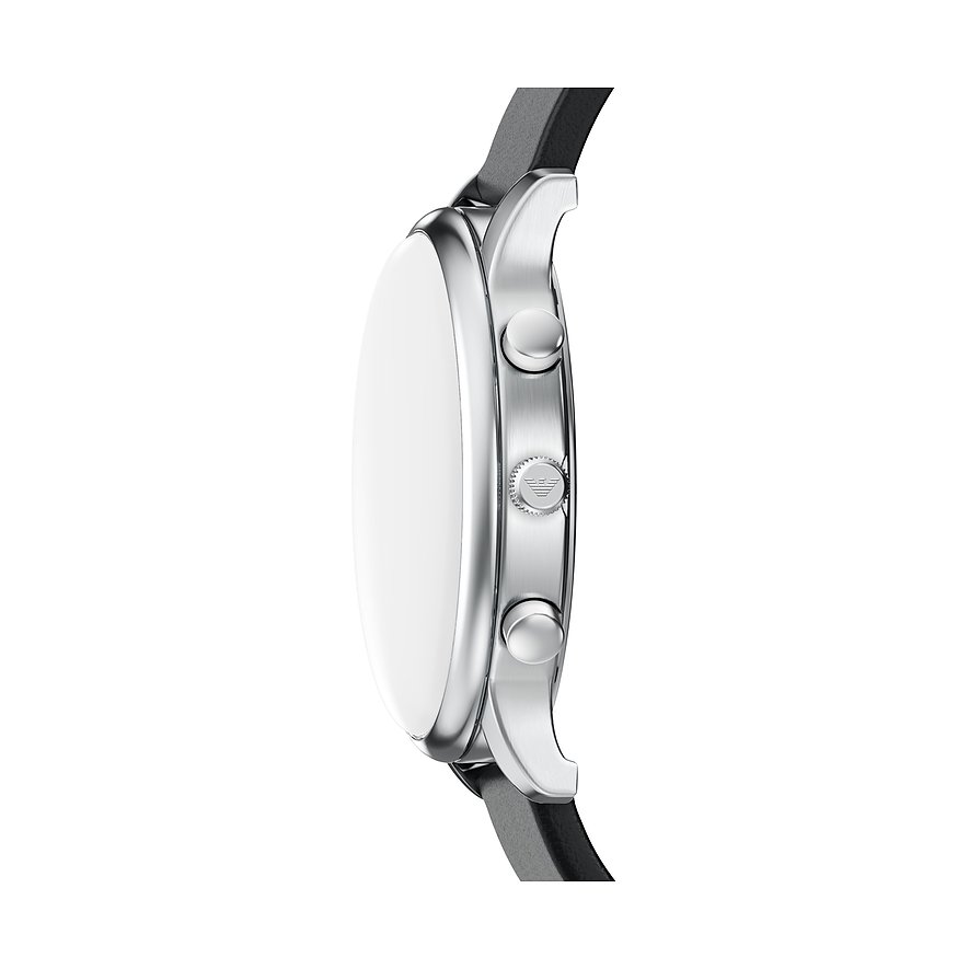 Seitenansicht einer Emporio Armani Herrenuhr aus silberfarbenem Edelstahl mit schwarzen Knöpfen und Armband.