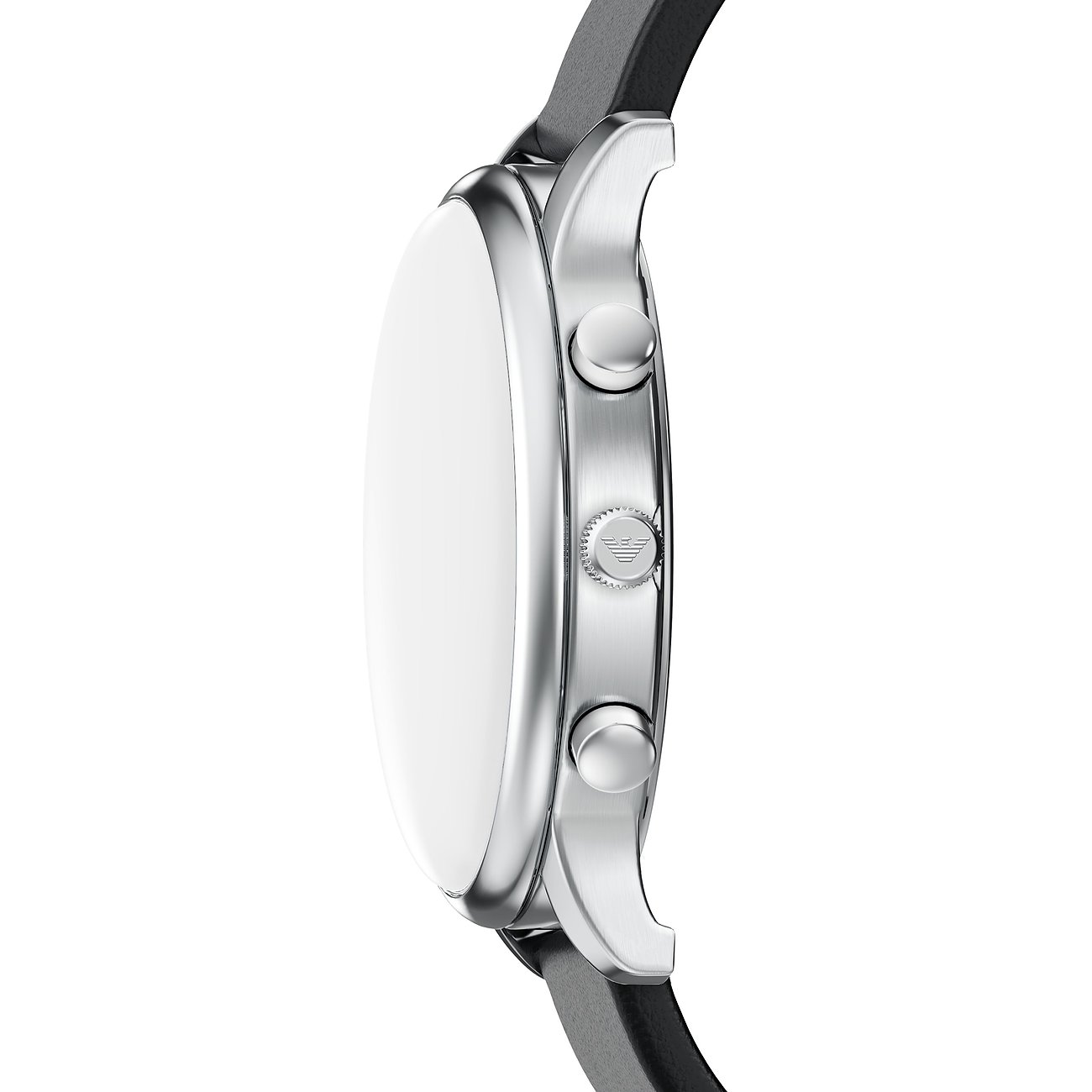 Seitenansicht einer Emporio Armani Herrenuhr aus silberfarbenem Edelstahl mit schwarzen Knöpfen und Armband.