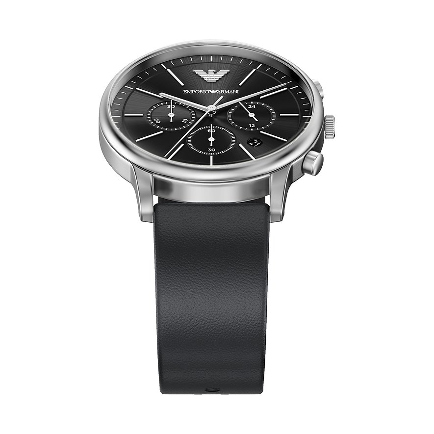 Emporio Armani Herrenuhr aus Edelstahl mit dunklem Zifferblatt und schwarzem Lederarmband, schräg von oben aufgenommen.