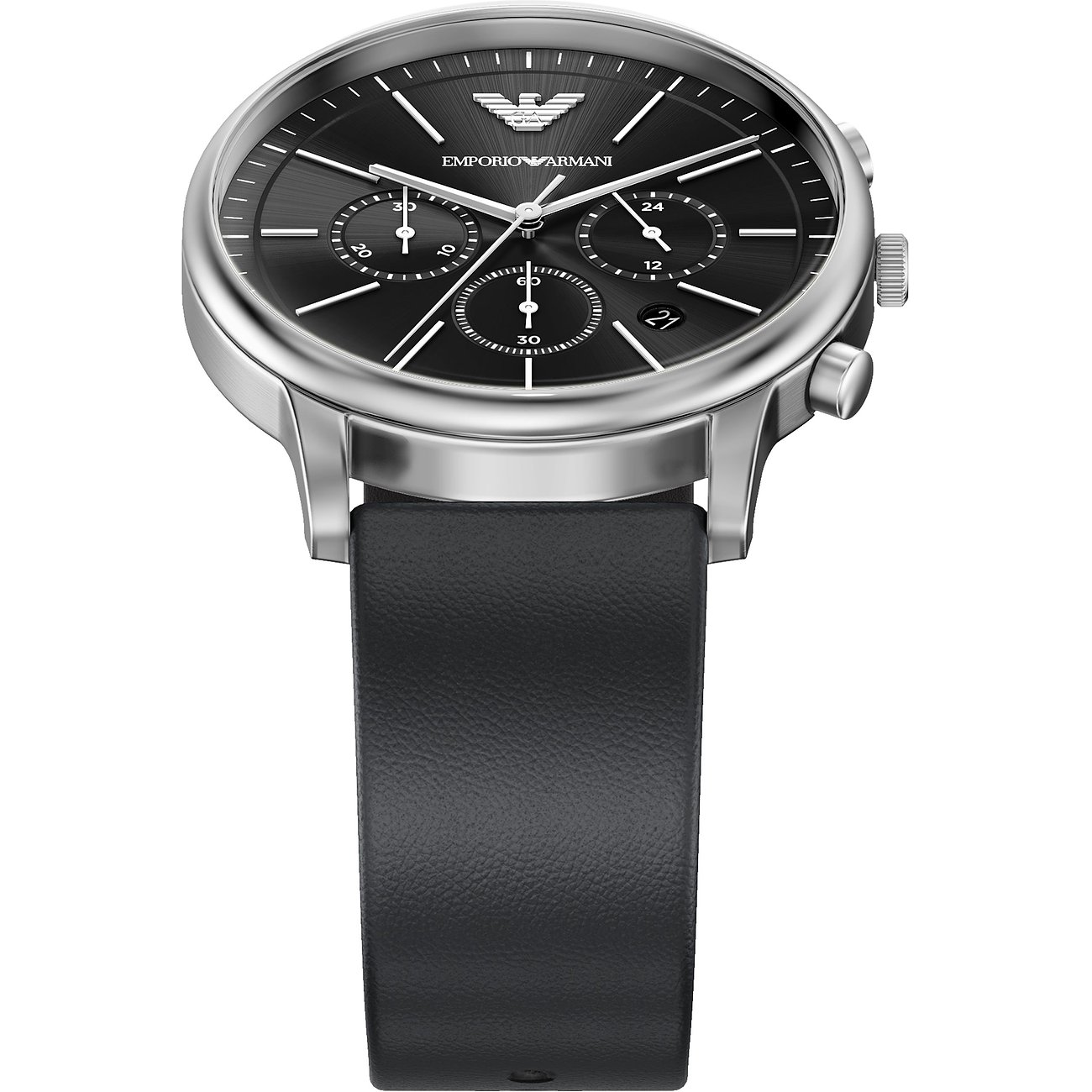 Emporio Armani Herrenuhr aus Edelstahl mit dunklem Zifferblatt und schwarzem Lederarmband, schräg von oben aufgenommen.