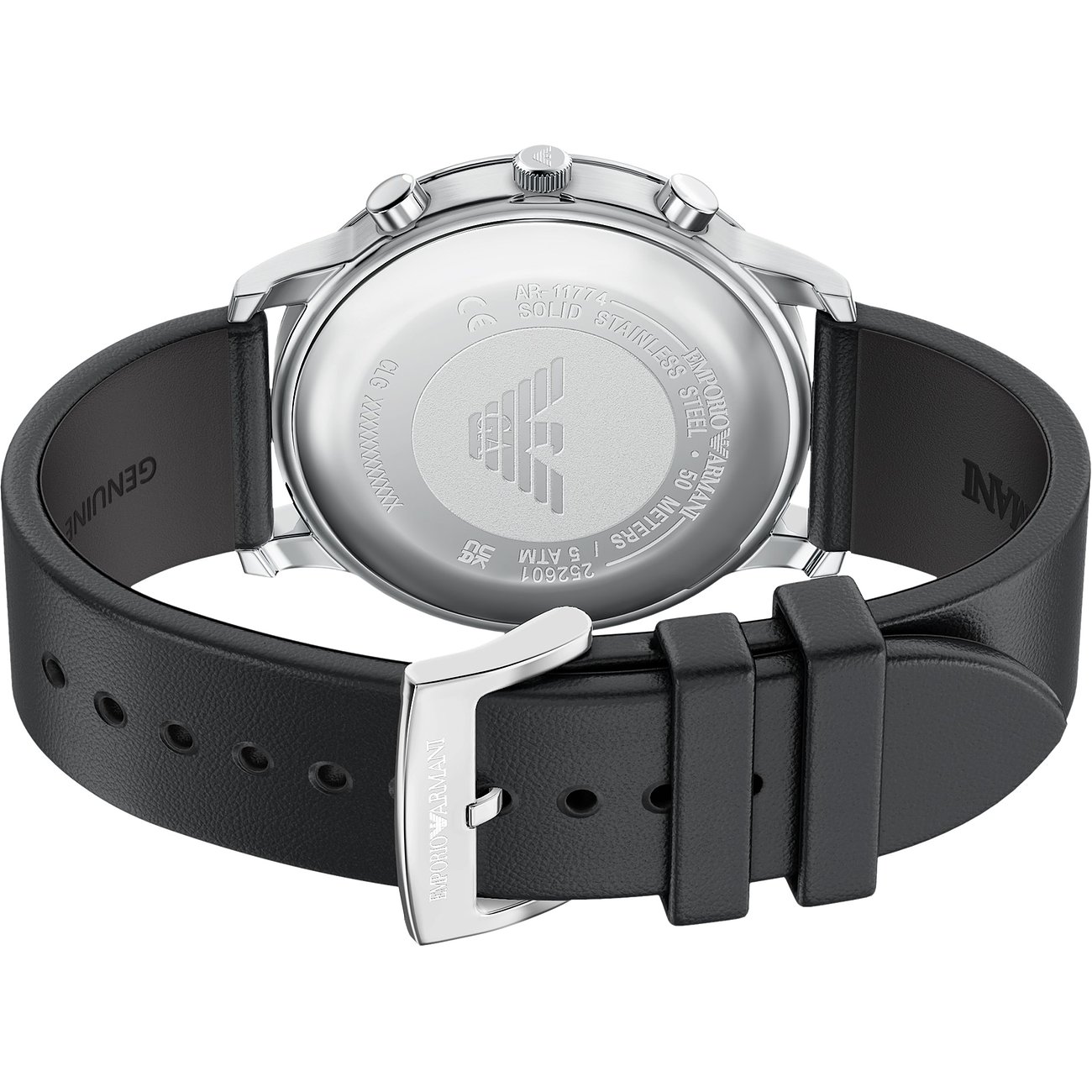Rückseite einer Emporio Armani Herrenuhr aus Edelstahl mit schwarzem Lederarmband und Dornschließe.