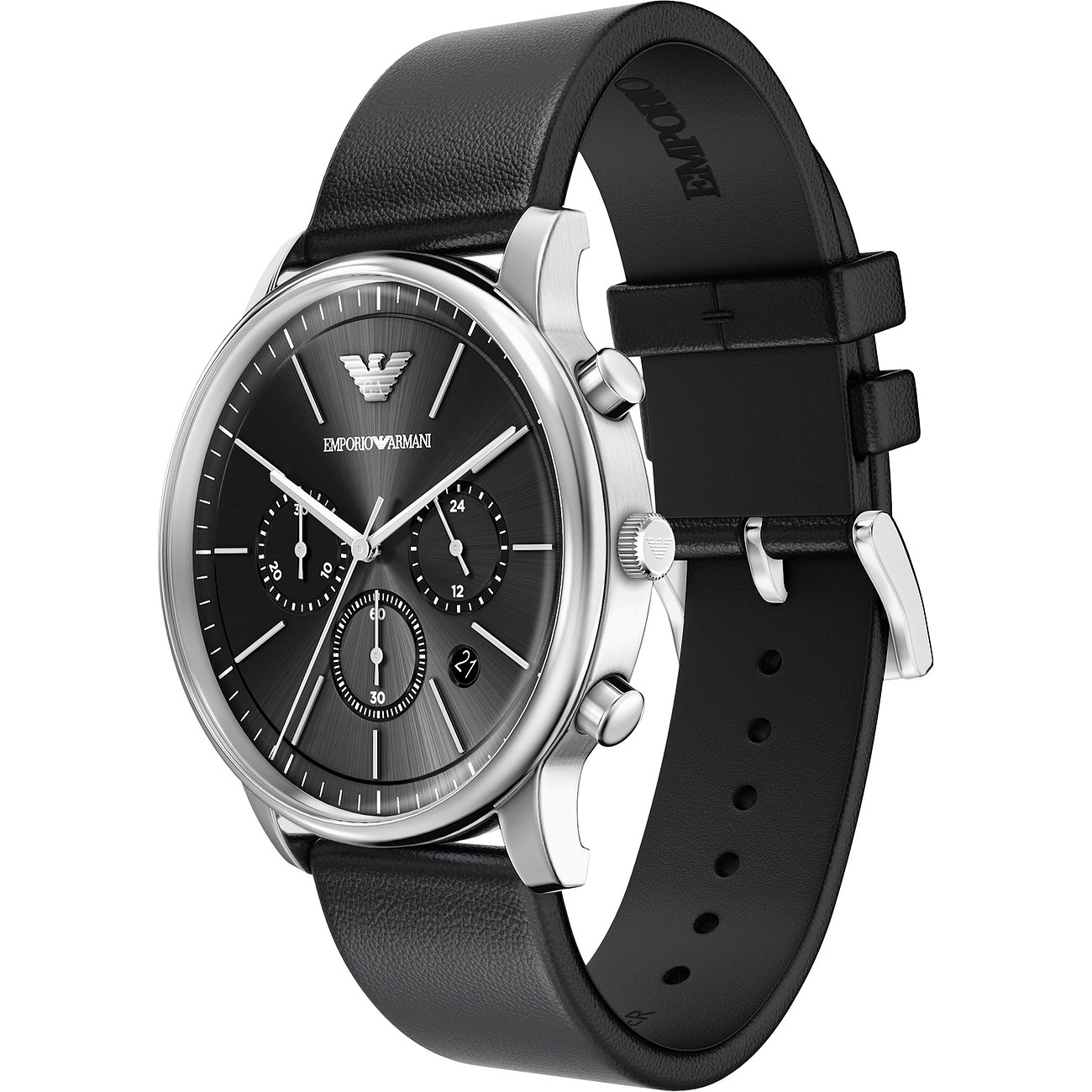 Emporio Armani Herrenuhr aus Edelstahl mit dunklem Zifferblatt und schwarzem Lederarmband, schräg von oben.
