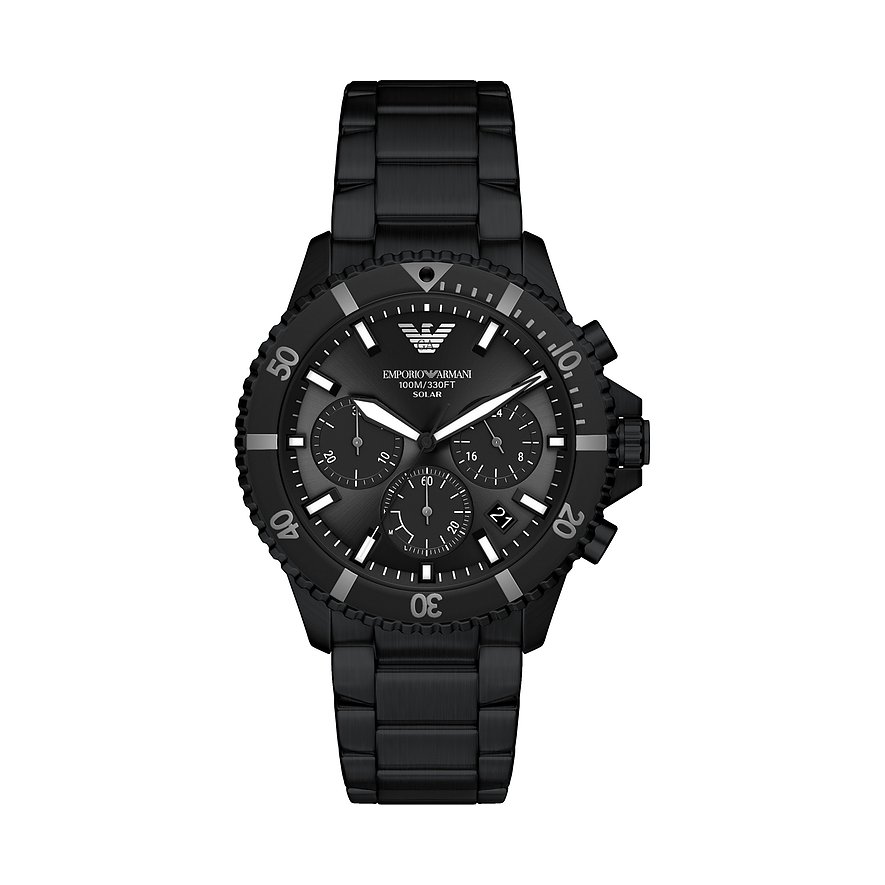 Schwarze Emporio Armani Herrenuhr aus Edelstahl mit dunklem Zifferblatt, drei Chronographen und silbernen Details.