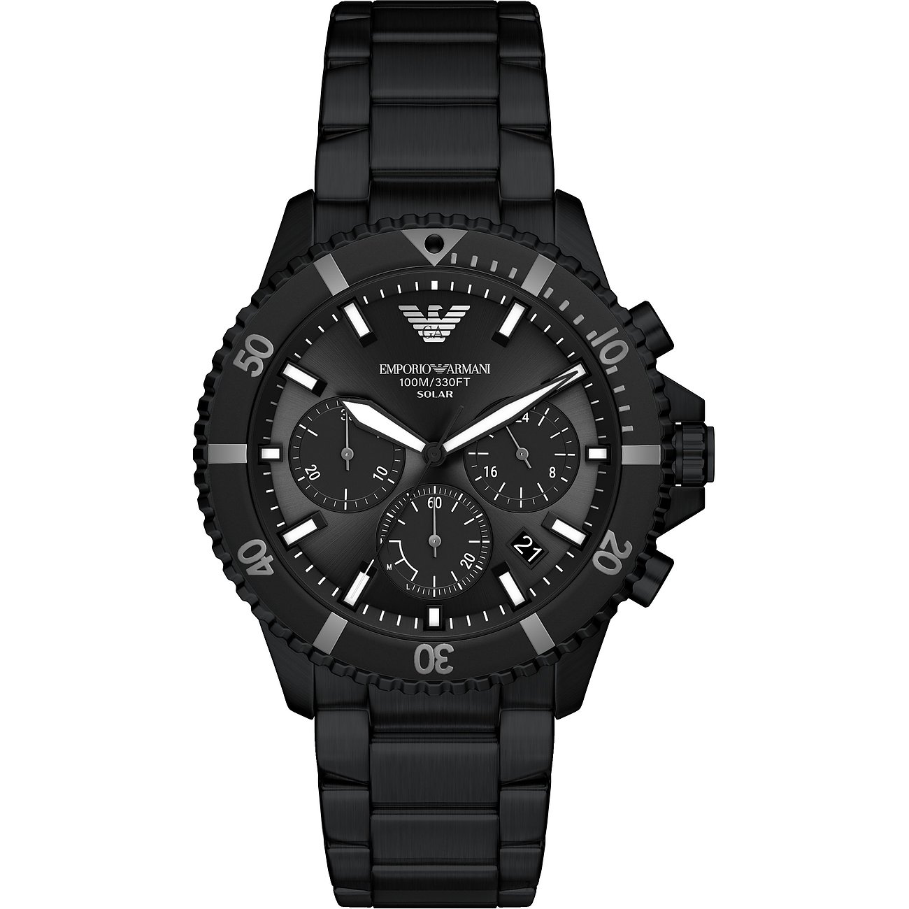 Schwarze Emporio Armani Herrenuhr aus Edelstahl mit dunklem Zifferblatt, drei Chronographen und silbernen Details.