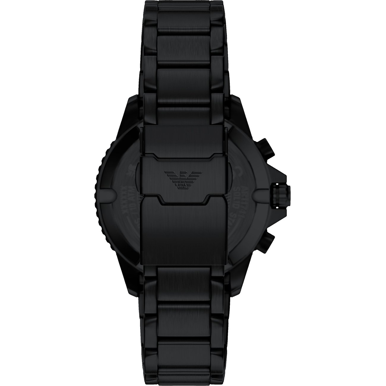 Rückansicht der Emporio Armani Herrenuhr aus schwarzem Edelstahl, die das Gehäuse und das Armband zeigt.