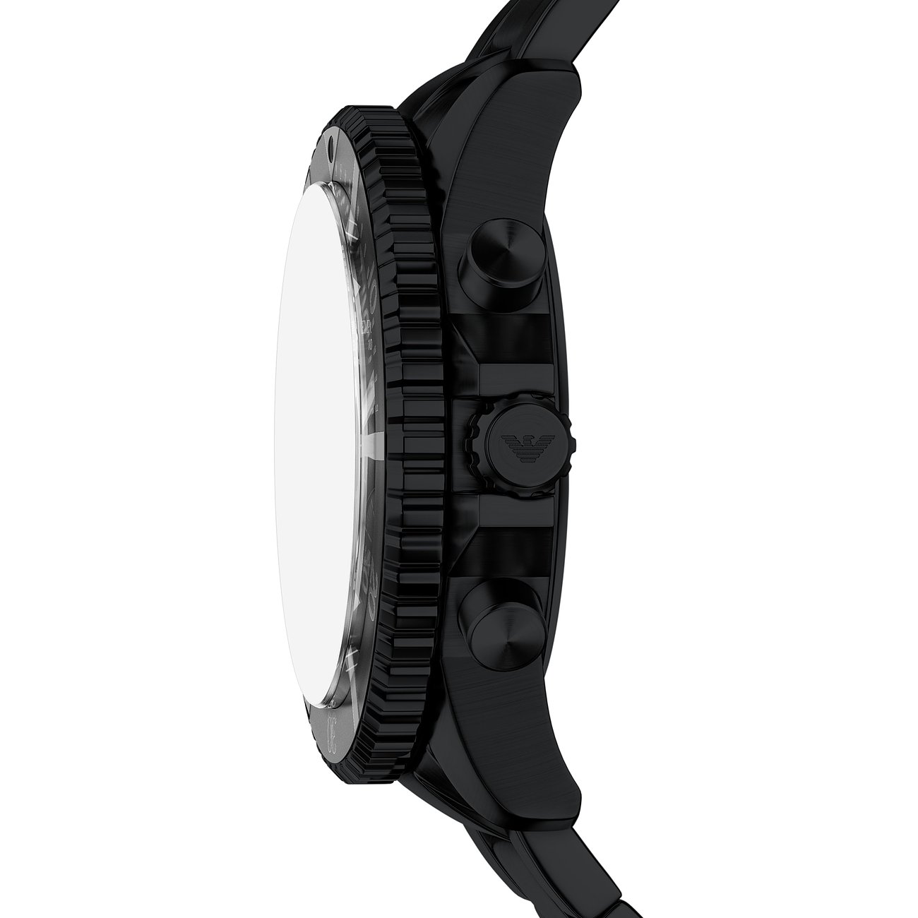 Seitenansicht der schwarzen Emporio Armani Herrenuhr aus Edelstahl, mit sichtbarer Krone und Drückern.