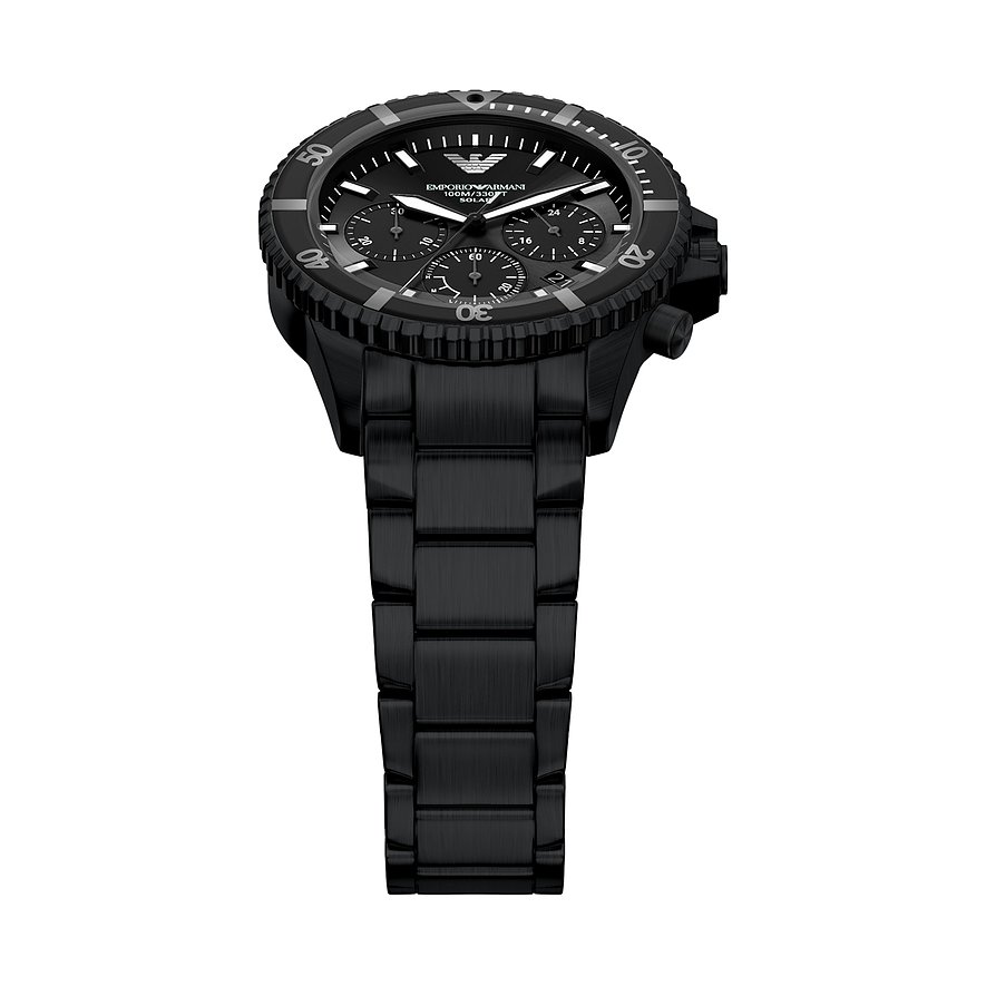 Emporio Armani Herrenuhr aus schwarzem Edelstahl mit schwarzem Zifferblatt, Chronographenanzeigen und Datumsfenster.
