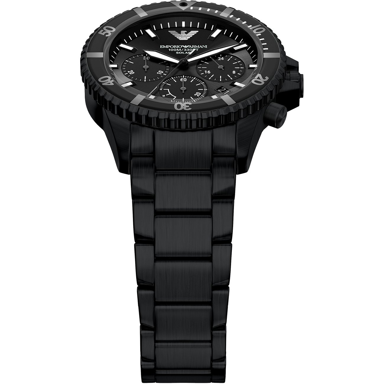 Emporio Armani Herrenuhr aus schwarzem Edelstahl mit schwarzem Zifferblatt, Chronographenanzeigen und Datumsfenster.