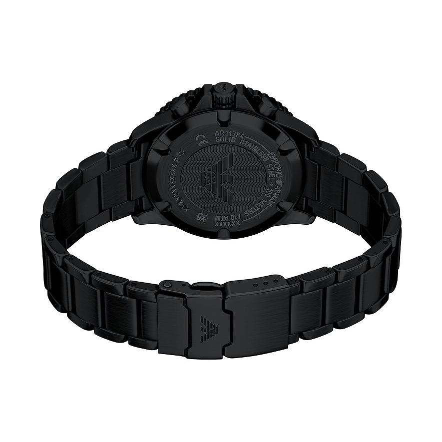 Rückseite einer schwarzen Emporio Armani Herrenuhr aus Edelstahl, zeigt die eingravierten Details der Uhr.