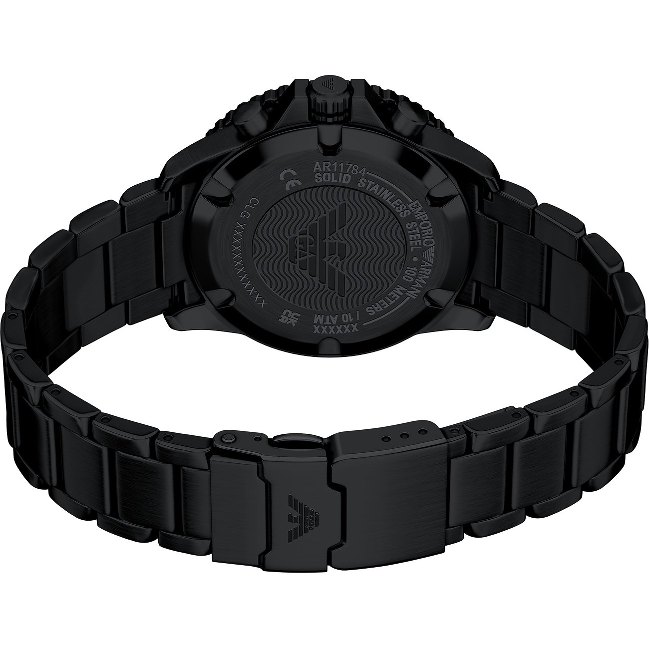 Rückseite einer schwarzen Emporio Armani Herrenuhr aus Edelstahl, zeigt die eingravierten Details der Uhr.