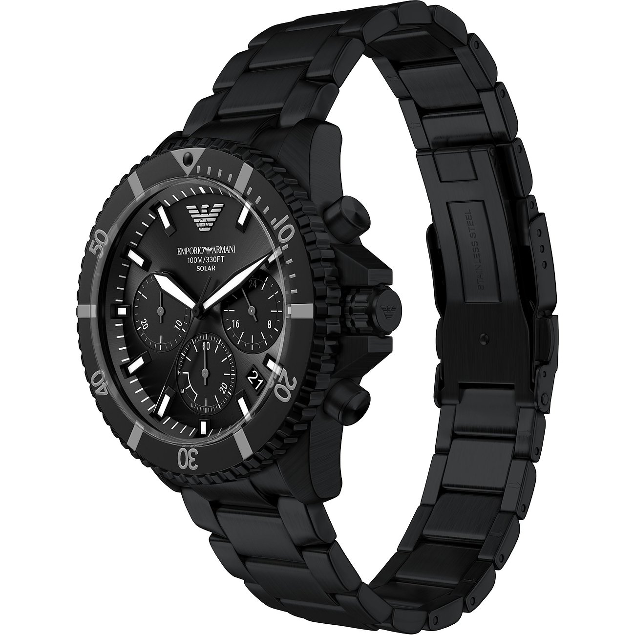 Emporio Armani Herrenuhr aus schwarzem Edelstahl mit Chronograph und schwarzem Zifferblatt, schräg von vorne gezeigt.