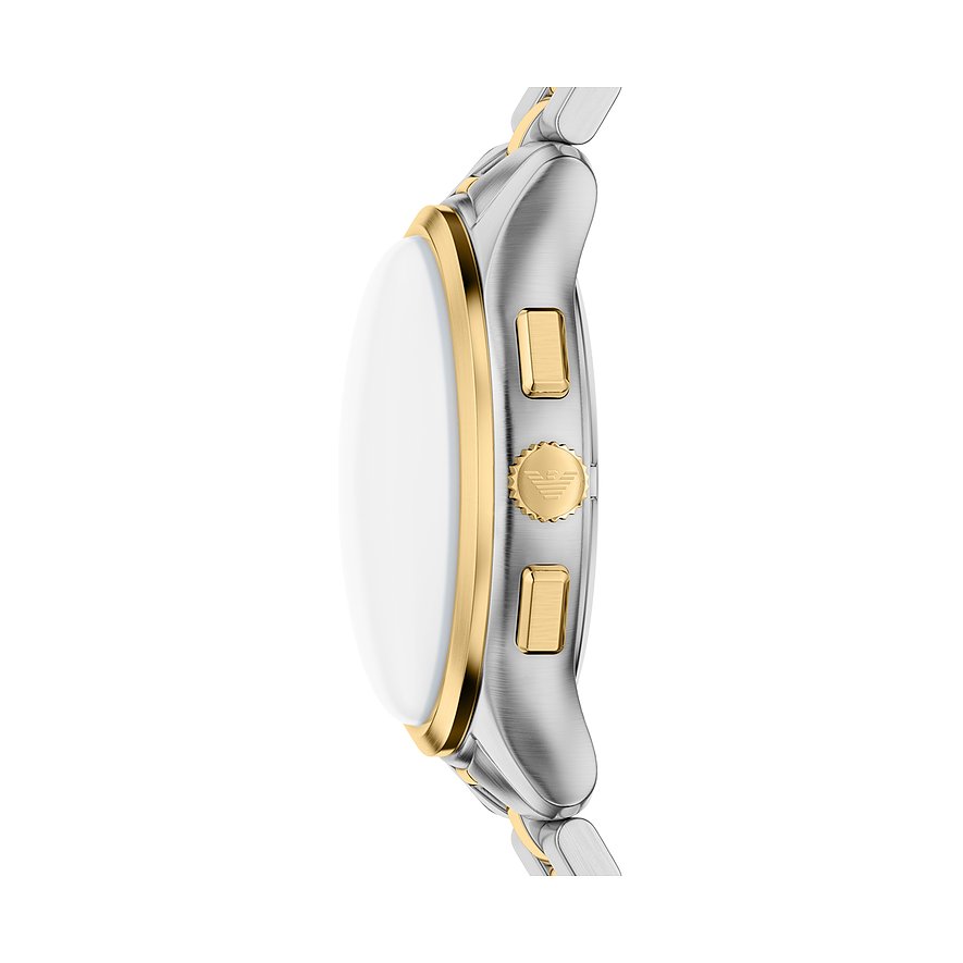 Sidebillede af et Emporio Armani Smartwatch i guld- og sølvfarvet rustfrit stål med hvid skærm.