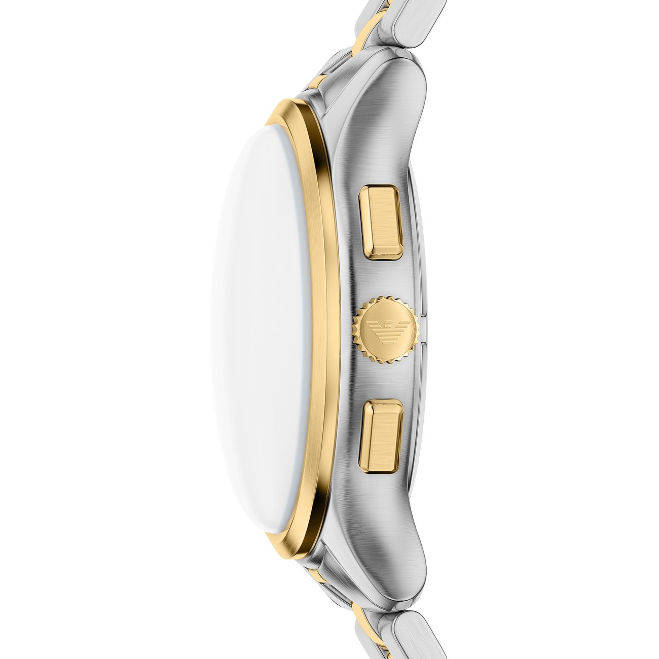 Sidebillede af et Emporio Armani Smartwatch i guld- og sølvfarvet rustfrit stål med hvid skærm.