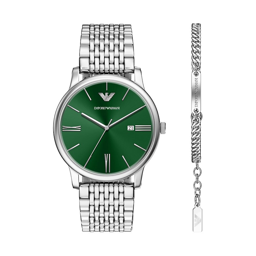 Ensemble Emporio Armani en acier inoxydable : montre argentée au cadran vert et bracelet assorti.
