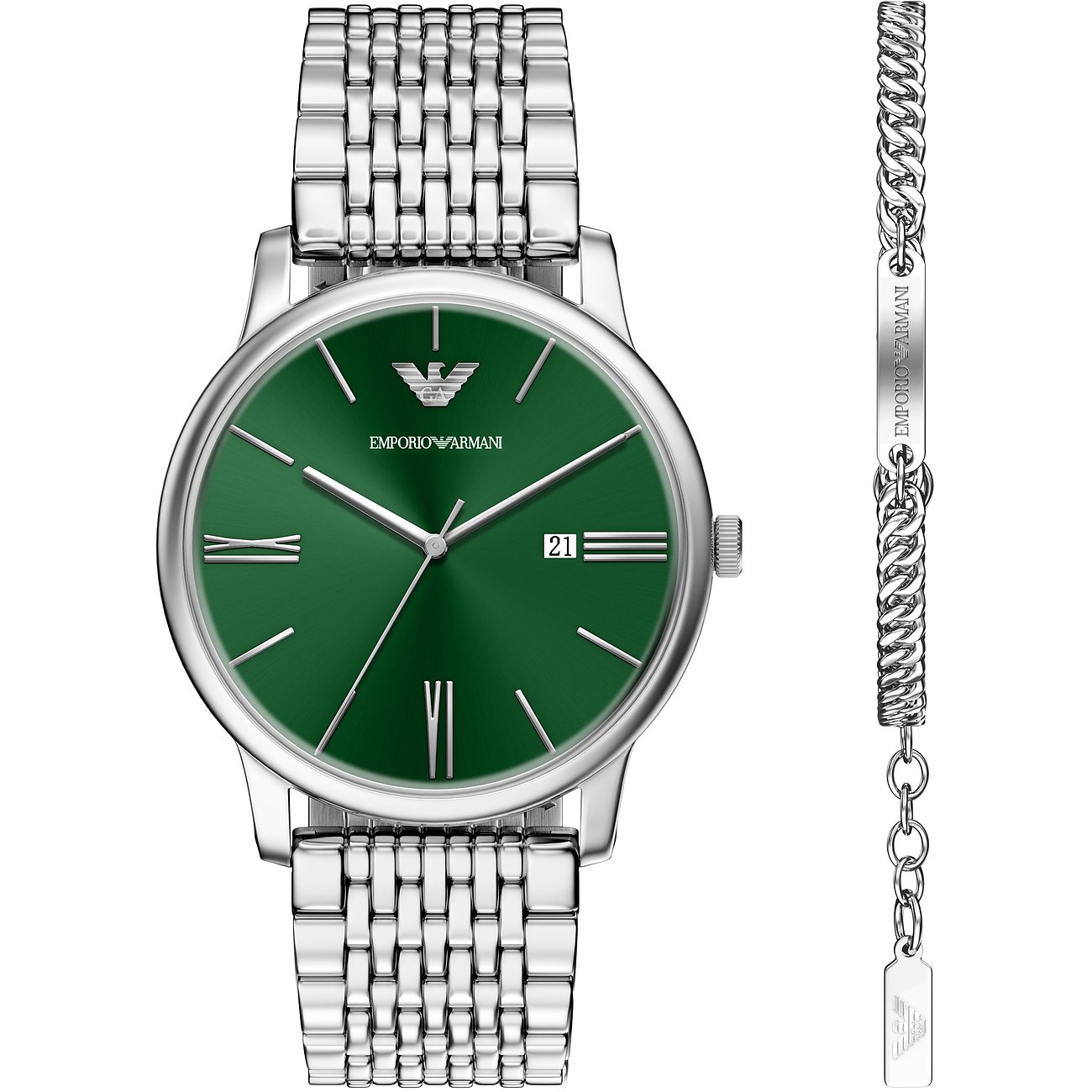 Ensemble Emporio Armani en acier inoxydable : montre argentée au cadran vert et bracelet assorti.