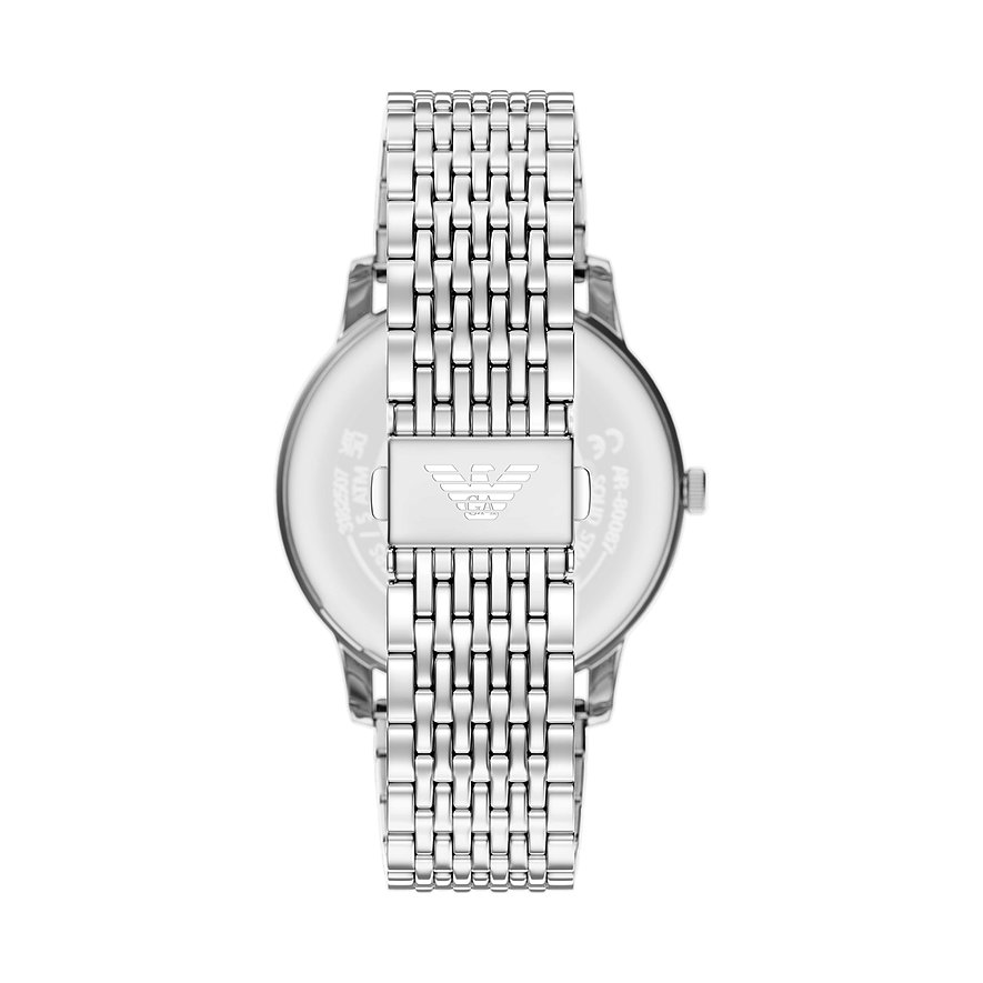 Dos d'une montre Emporio Armani en acier inoxydable avec logo gravé et informations sur le fond du boîtier.