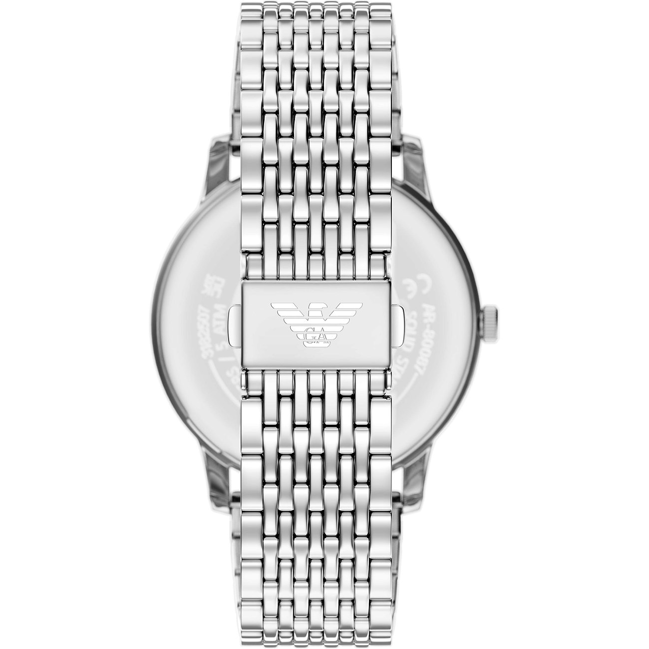 Dos d'une montre Emporio Armani en acier inoxydable avec logo gravé et informations sur le fond du boîtier.