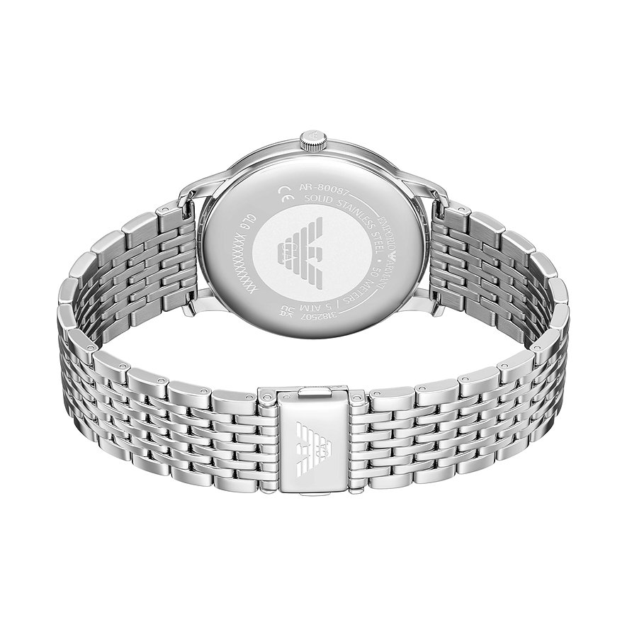 Vue arrière de la montre Emporio Armani en acier inoxydable avec fond de boîtier et fermoir gravés. Visuel : arrière.