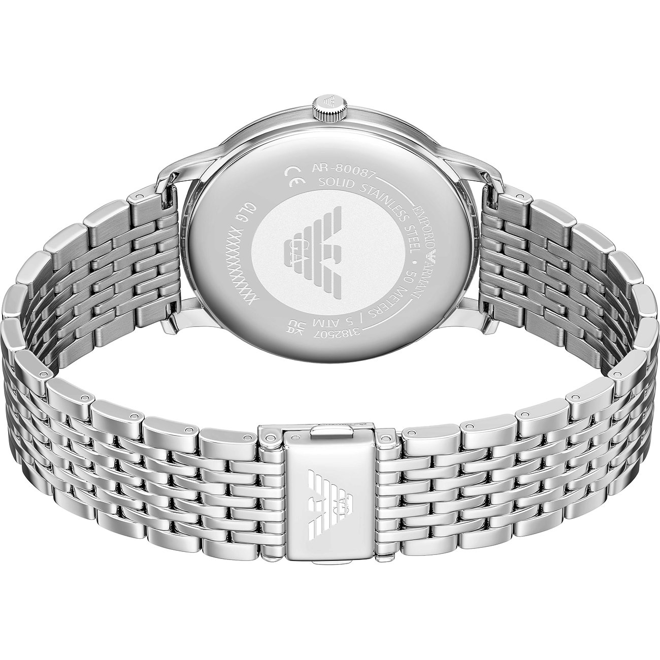 Vue arrière de la montre Emporio Armani en acier inoxydable avec fond de boîtier et fermoir gravés. Visuel : arrière.