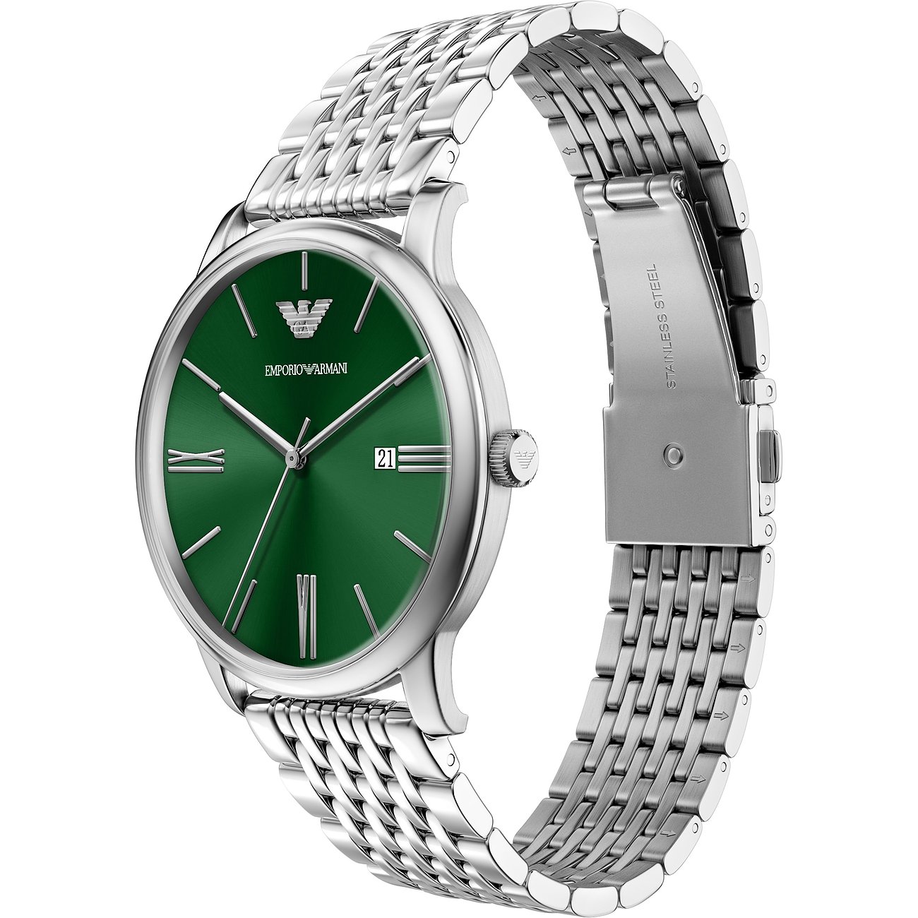 Montre Emporio Armani en acier inoxydable, cadran vert, aiguilles et chiffres romains argentés.