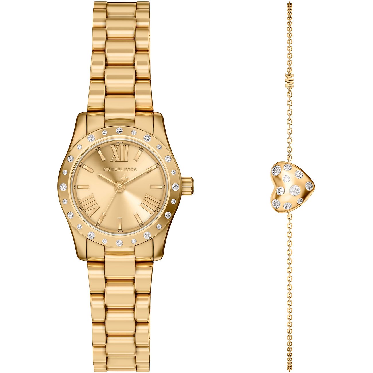 Set Michael Kors dorato: orologio e bracciale. Orologio: quadrante tondo, numeri romani, gemme sulla ghiera. Bracciale: cuore con gemme.