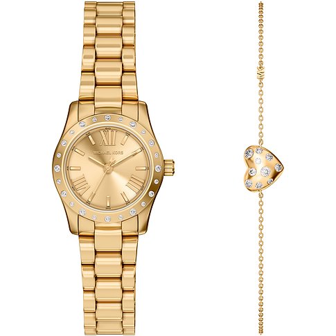 Michael Kors goldfarbenes Edelstahl-Set mit Uhr und Armband. Uhr: rundes Zifferblatt, römische Ziffern, Schmucksteine auf Lünette. Armband: Herz mit Schmucksteinen.