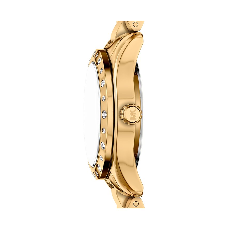 Vista laterale di un orologio da polso Michael Kors in acciaio inossidabile dorato con gemme sulla ghiera.