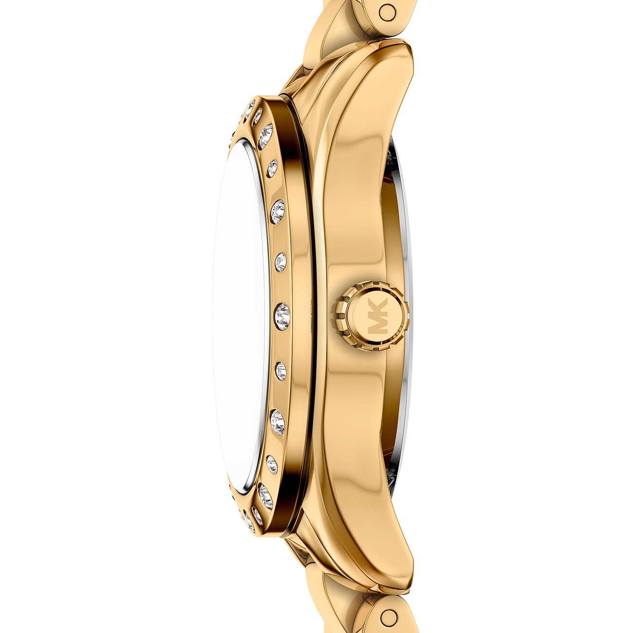 Vista laterale di un orologio da polso Michael Kors in acciaio inossidabile dorato con gemme sulla ghiera.