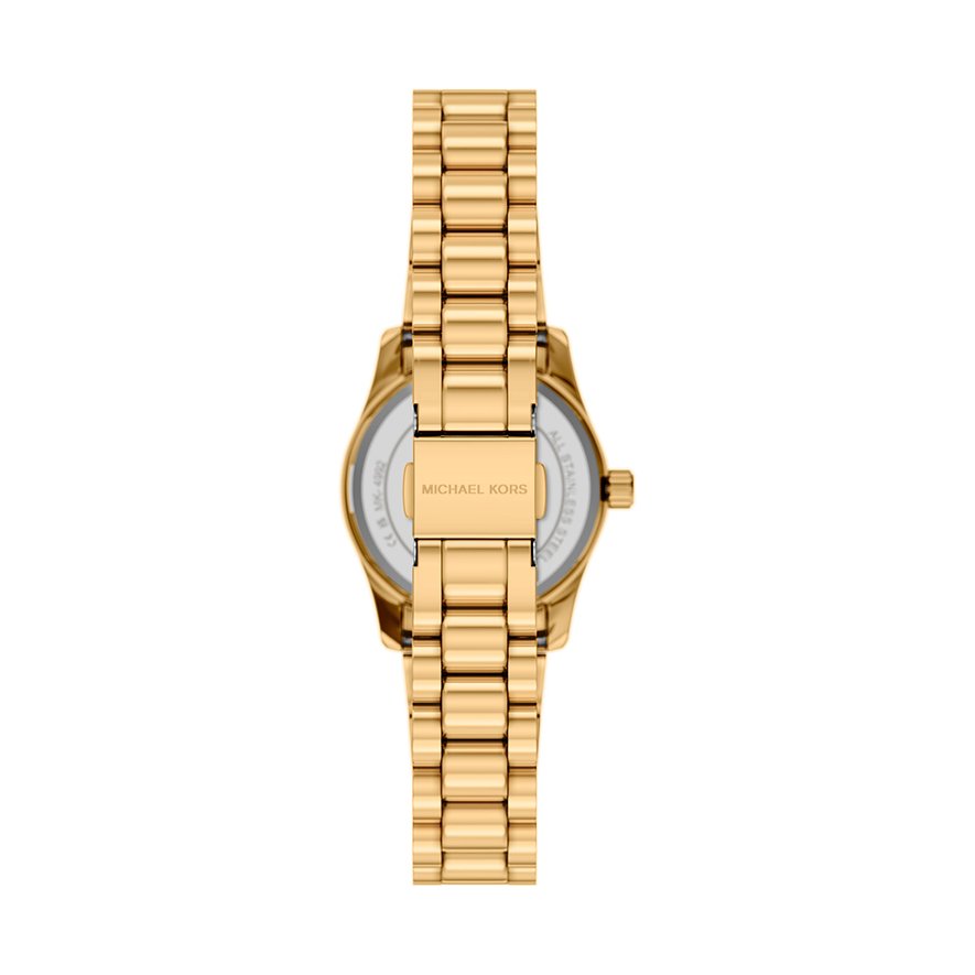 Retro di un orologio da donna Michael Kors in acciaio inossidabile color oro. Il cinturino dorato è in evidenza.