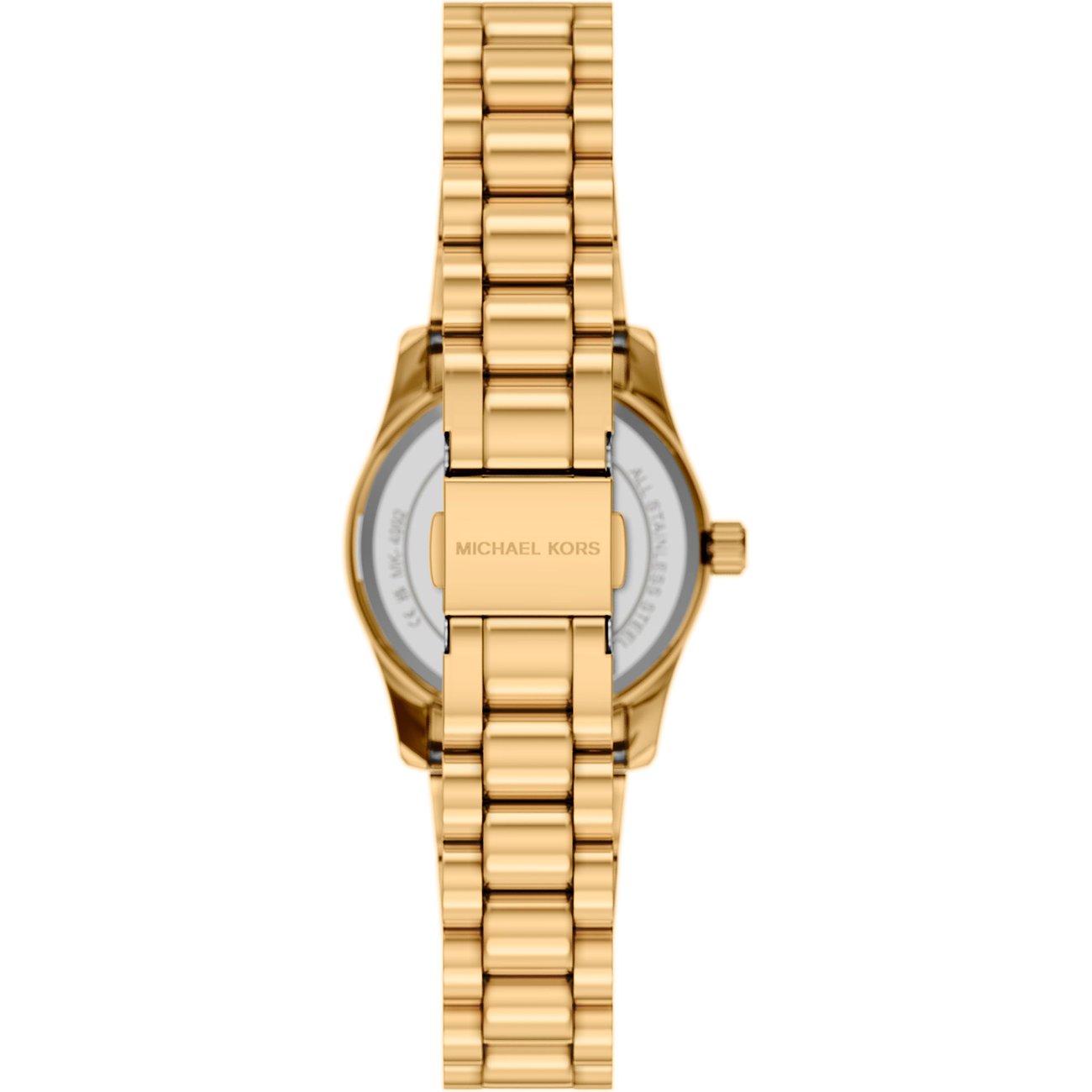 Retro di un orologio da donna Michael Kors in acciaio inossidabile color oro. Il cinturino dorato è in evidenza.