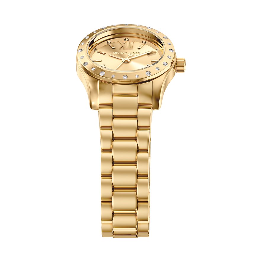 Orologio donna Michael Kors in acciaio inossidabile color oro. Quadrante dorato con numeri romani e gemme, ghiera uguale.