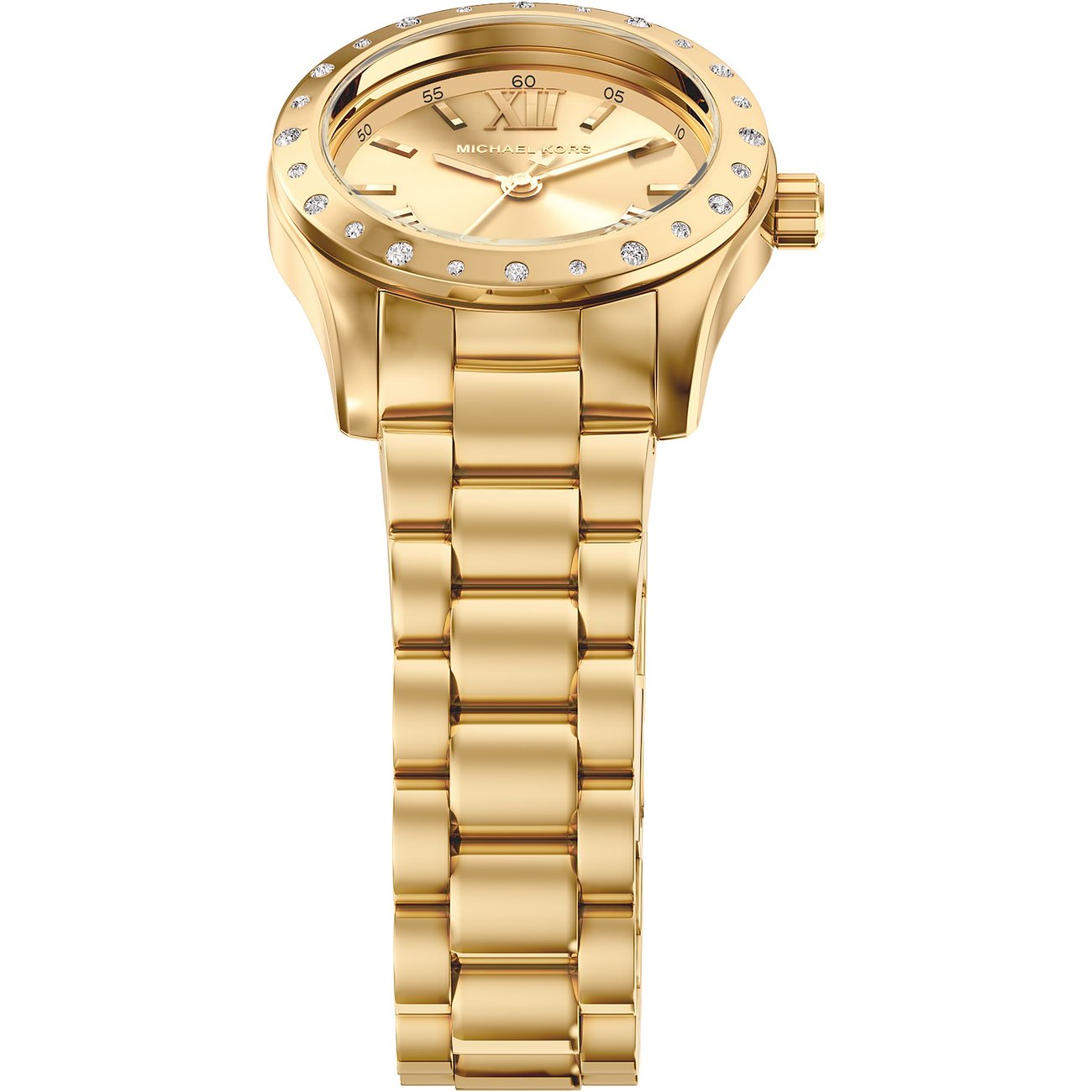 Orologio donna Michael Kors in acciaio inossidabile color oro. Quadrante dorato con numeri romani e gemme, ghiera uguale.
