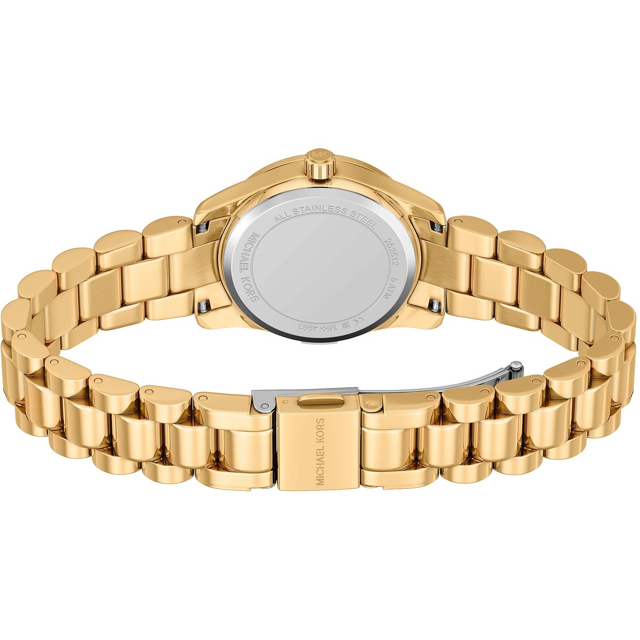 Vista posteriore della cassa in acciaio inossidabile dell'orologio Michael Kors dorato con scritta 