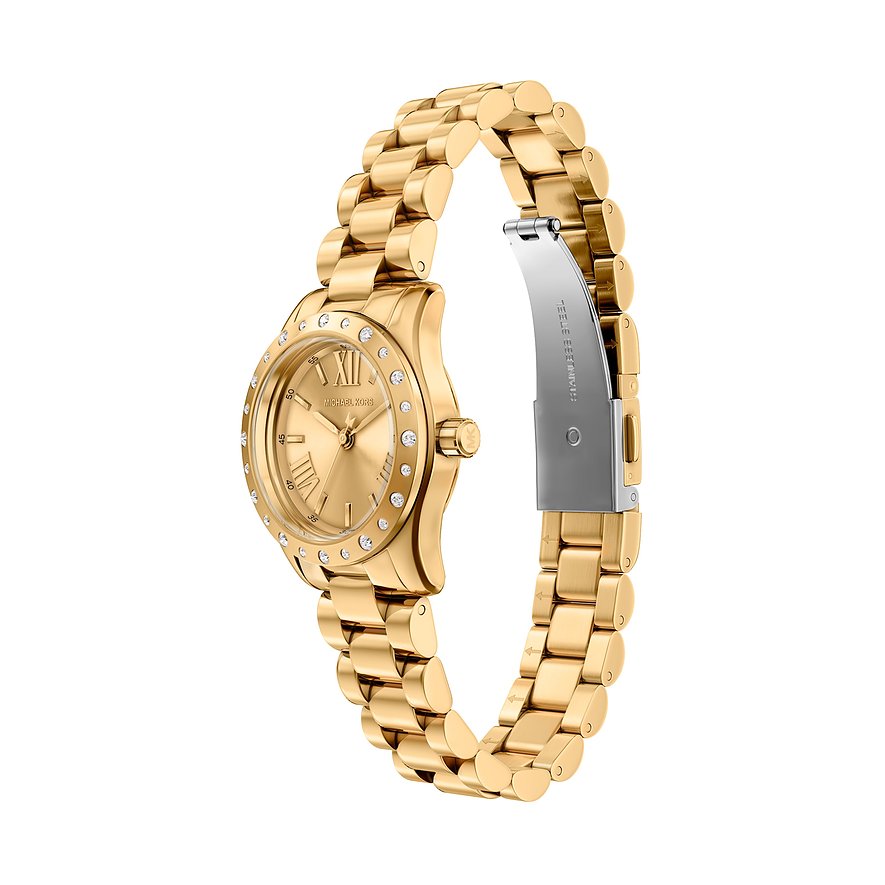 Set Michael Kors con orologio da polso in acciaio color oro e pietre scintillanti.