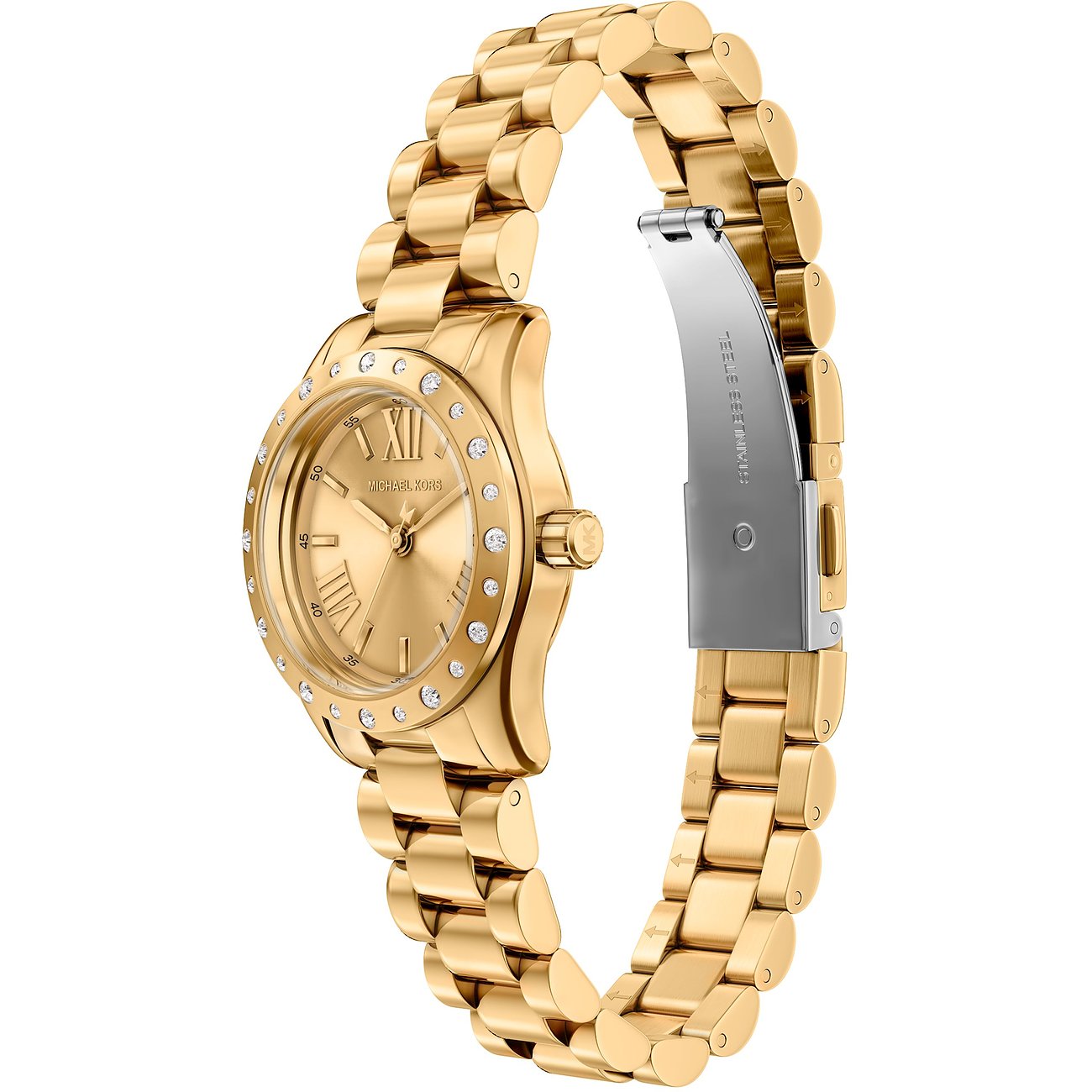 Set Michael Kors con orologio da polso in acciaio color oro e pietre scintillanti.