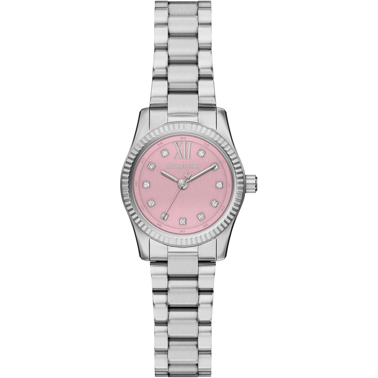 Michael Kors damklocka i rostfritt stål med rosa urtavla och glittrande smyckesstenar.