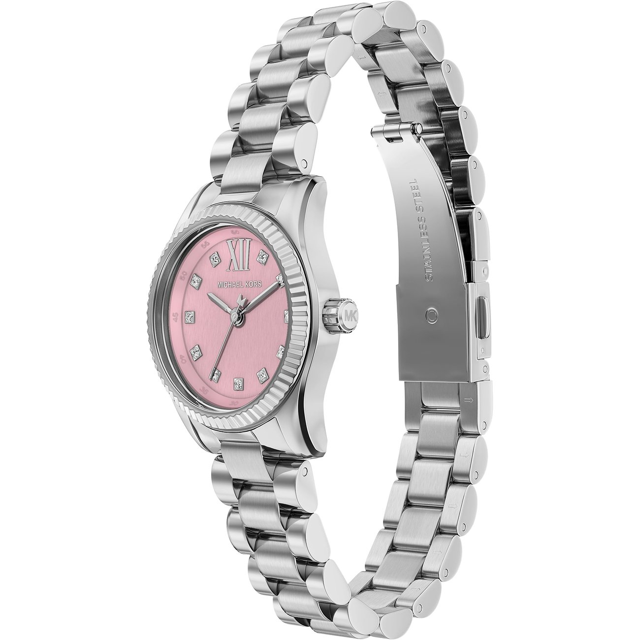 Michael Kors damklocka i rostfritt stål med rosa urtavla och glänsande smyckesstenar.