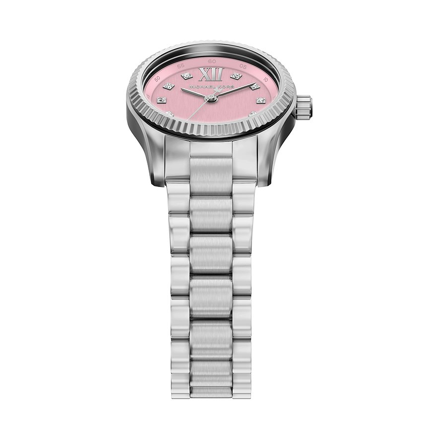 Michael Kors damklocka i rostfritt stål, snett uppifrån sedd, med glittrande stenar på den rosa urtavlan.