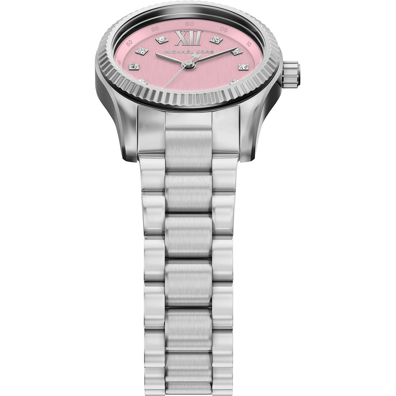 Michael Kors damklocka i rostfritt stål, snett uppifrån sedd, med glittrande stenar på den rosa urtavlan.