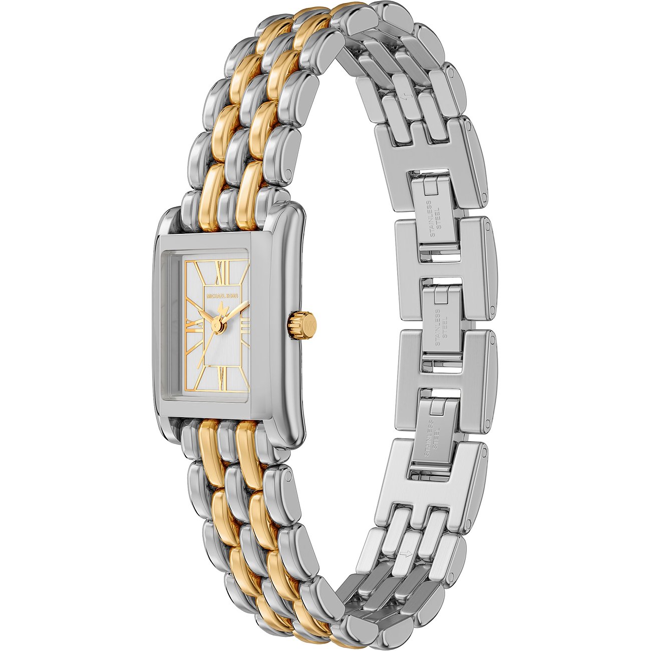 Michael Kors damklocka i bicolour rostfritt stål, med rektangulär urtavla och romerska siffror.