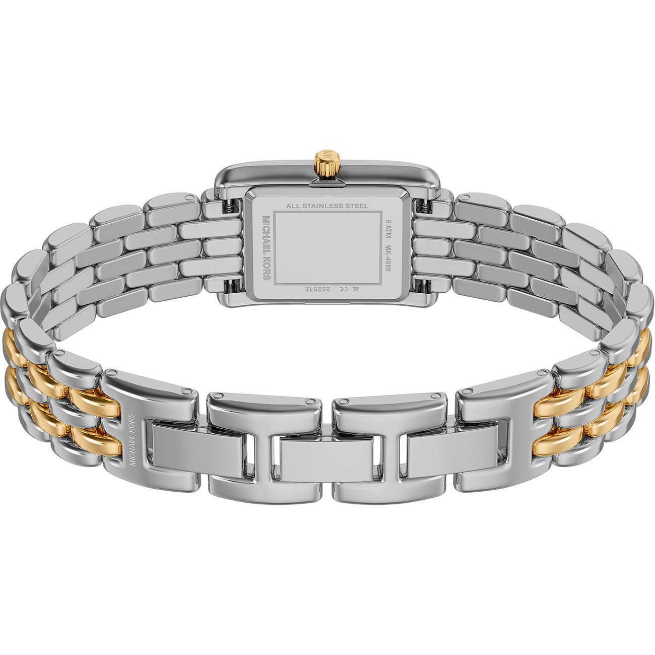 Baksidan av en Michael Kors damklocka i rostfritt stål, sedd snett uppifrån, med tvåfärgat silver- och guldband.