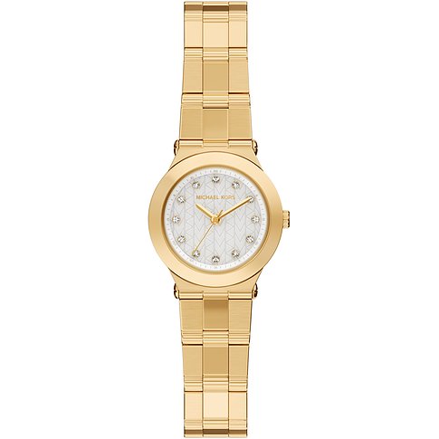 Une montre femme Michael Kors dorée en acier inoxydable, cadran rond et pierres scintillantes.