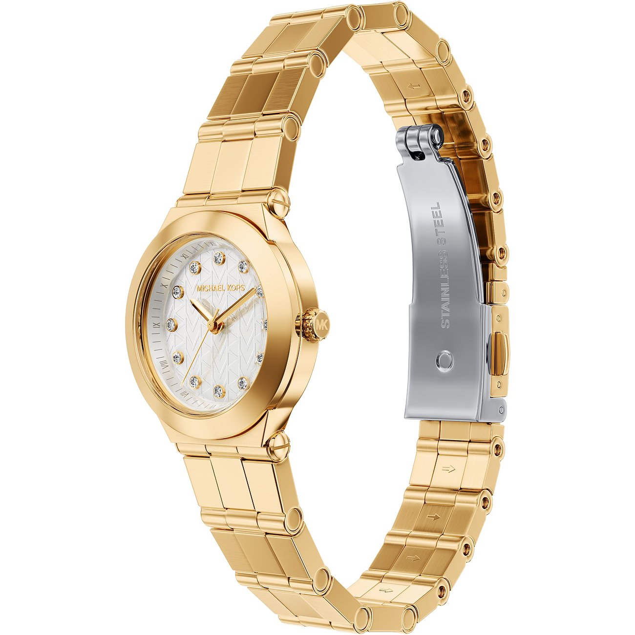 Orologio da donna Michael Kors in acciaio inossidabile color oro. Il quadrante dorato è decorato con gemme chiare.
