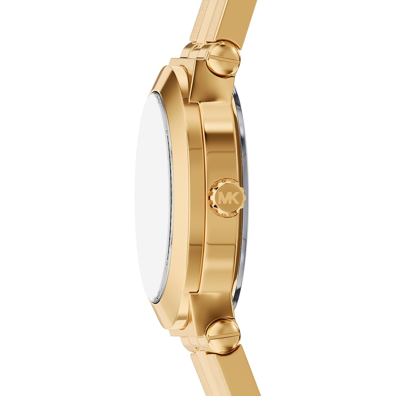 Vista laterale dell'orologio da donna Michael Kors in acciaio inossidabile dorato con lunetta rotonda e logo MK sulla corona.