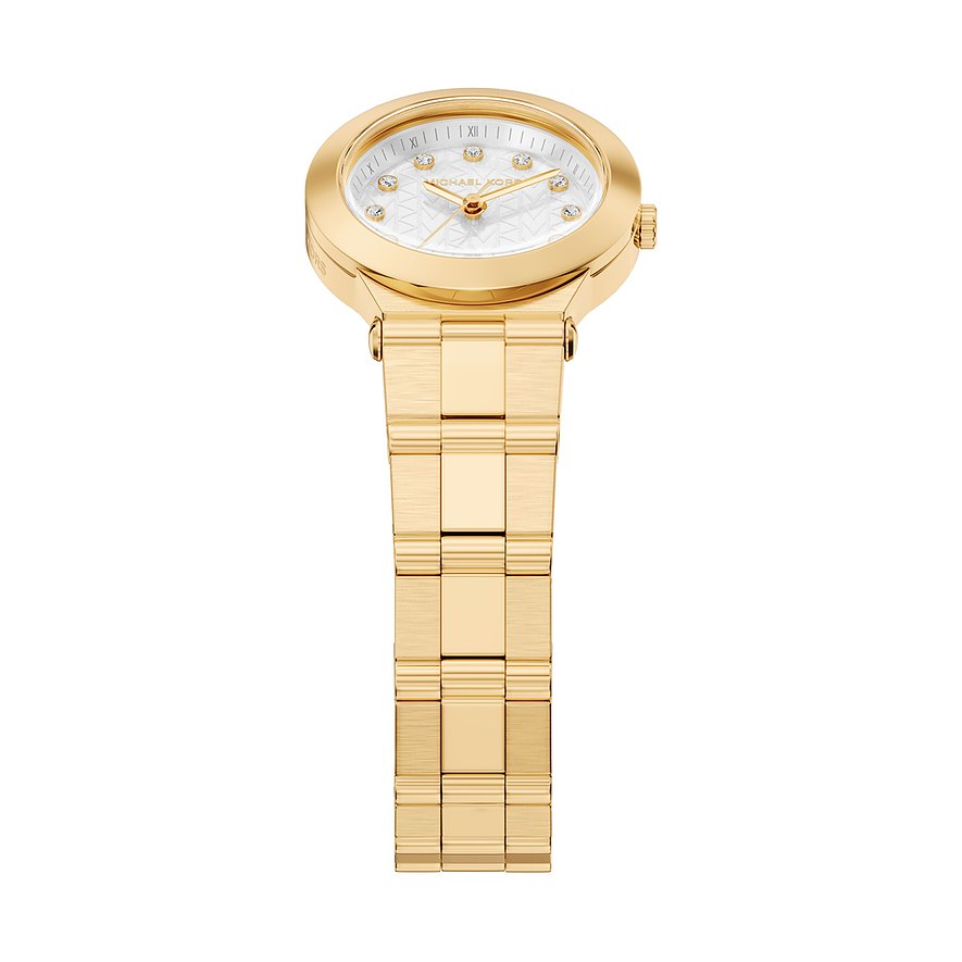 Orologio da donna Michael Kors in acciaio dorato, vista obliqua dall'alto con quadrante bianco e gemme.